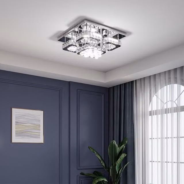 Livingandhome Modern Square Crystal LED Flush Ceiling Light in Chrome and Silver with Cool White Light
