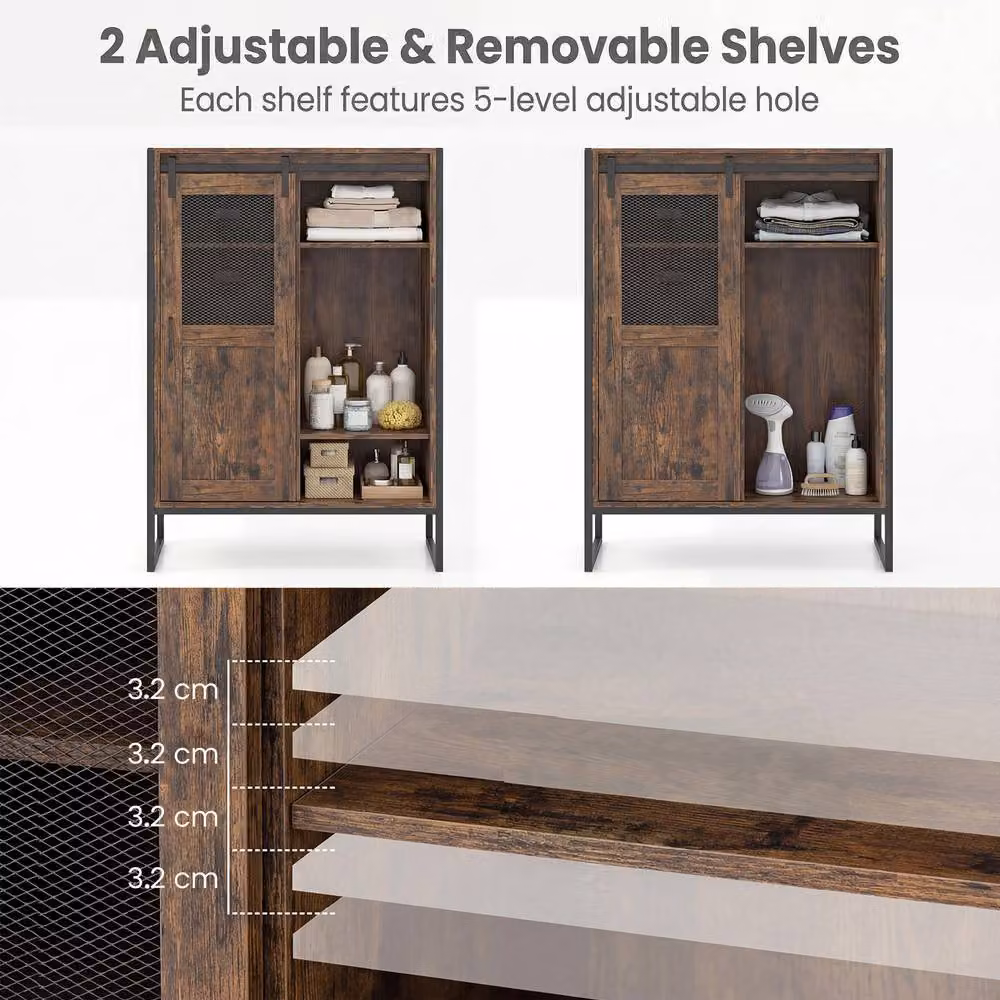 Costway Rustic Brown Floor Buffet Cabinet Organizer with Sliding Doors and Adjustable Internal Shelves – 4