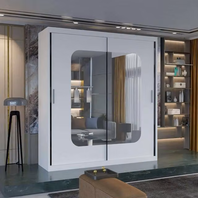 Sliding Wardrobes 4U Double Sliding Wardrobe with Integrated LED Lighting in White, W: 150 cm, H: 217 cm, D: 62 cm – 1