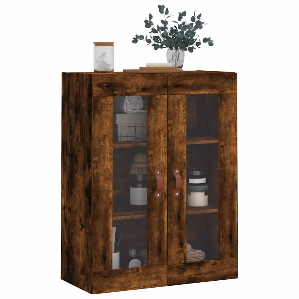 Berkfield Home Wall Mounted Smoked Oak Cabinet with Glass Doors in Brown, W/D/H: 69.5 x 34 x 90 cm – 4