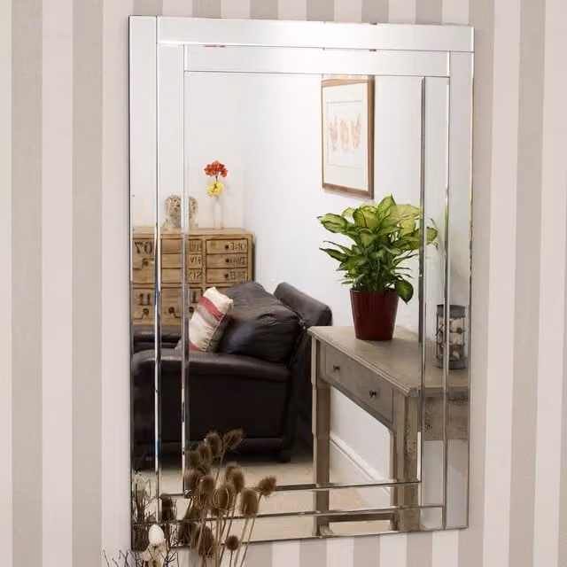MirrorOutlet Dorney Modern Rectangular All Glass Double Framed Wall Mirror in Silver, W: 120 cm, H: 80 cm