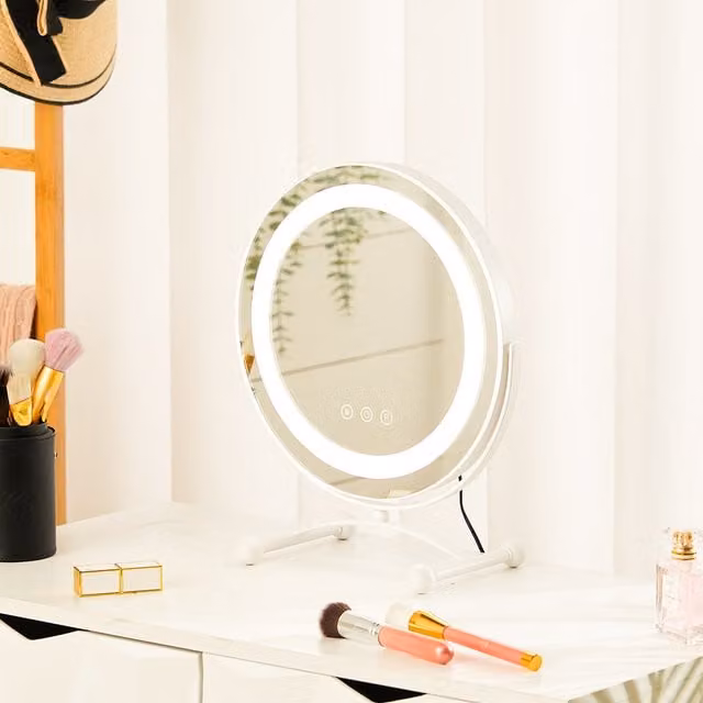 Livingandhome Round Crystal Edge LED Tabletop Vanity Mirror in White