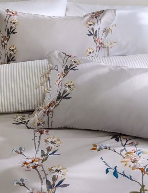 M&S Solene Painted Blooms Pure Cotton Sateen Bedding Set, Light Grey Mix, 140 x 200 cm