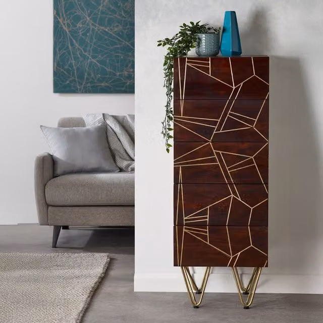 IH Design Art Deco Geometric Mango Wood Chest of Drawers in Brown and Gold