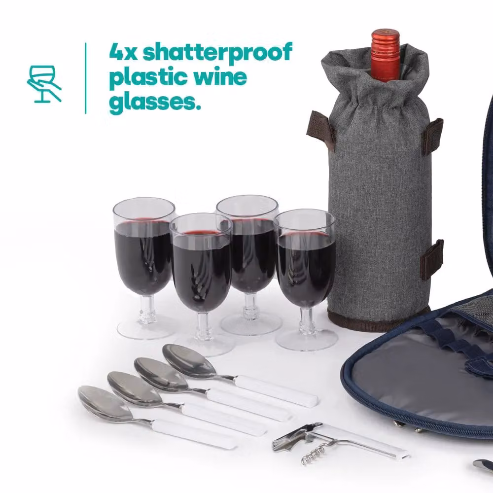 LIVIVO 4 Person Picnic Backpack Set with Blanket, Cutlery, Plates, Wine Glasses and Insulated Bottle Holder in Blue – 6