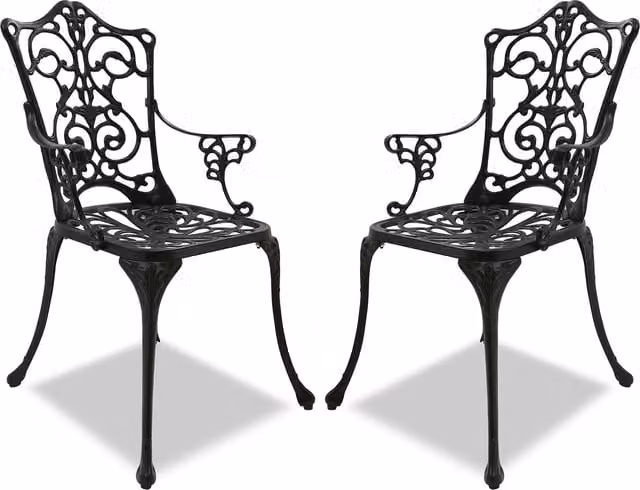 TABREEZ Set of 2 Black Matt Metal Garden and Patio Bistro Chairs with Ethnic Floral Design H 89.5 cm x W 53 cm x D 52 cm