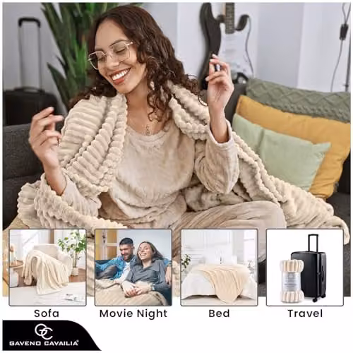 GAVENO CAVAILIA Fluffy Fleece Throw Blanket, Beige, W/D/H: 150 x 200 cm – 3