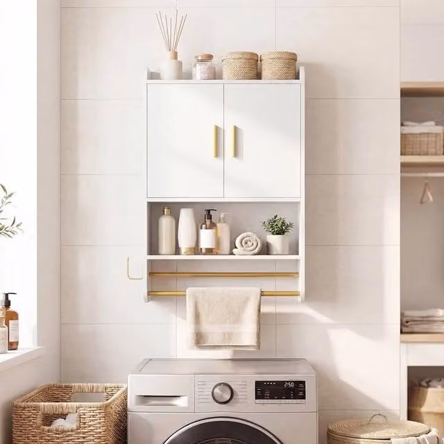 FORGEVIO White Wall Mounted Medicine Cabinet with Hinged Doors, Internal Shelves and Towel Bars