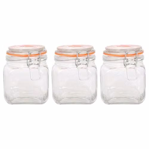 Argon Tableware Square Glass Jars with Clip-Top Lids, 0.76 l, Pack of 3, Transparent – 1