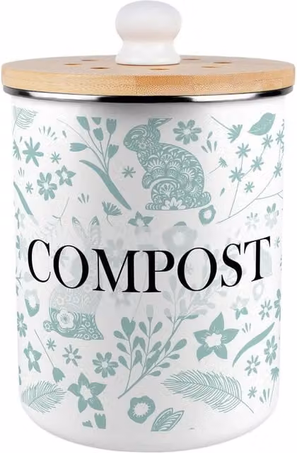 Purely Home Green Wild Rabbits Compost Caddy, 2L Metal Kitchen Food Waste Bin with Removable Inner Bucket and Odour Filter