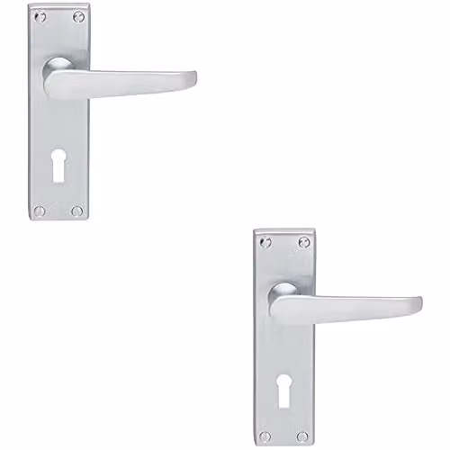 Loops Victorian Flat Lever on Lock Backplate Door Handle, 2 Pairs, Satin Chrome, W: 15 cm, H: 4.2 cm