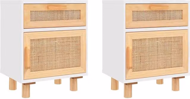 Berkfield Home Set of 2 White Solid Pine Bedside Cabinets with Natural Rattan – 1