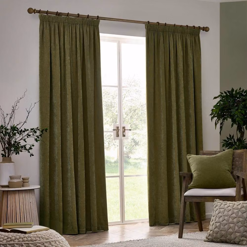 Yard Heavy Chenille Blackout Pencil Pleat Curtain Pair in Green, Width: 229 cm, Drop: 183 cm – 2