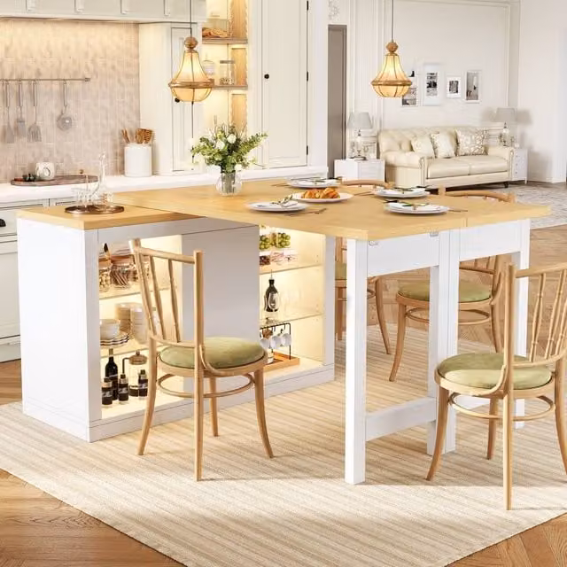 Merax Extendable Kitchen Island with Dining Table, LED Lights and Storage, White, W/D/H: 120 x 40.8 x 74 cm – 1