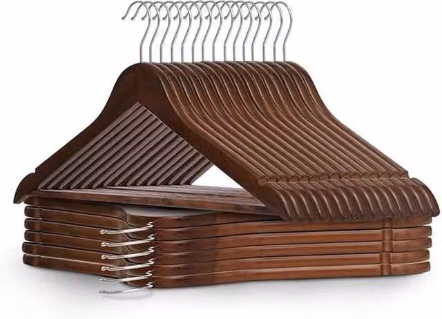 Dyzi 20 Pack Brown Wooden Clothes Hangers with Non-Slip Bar, Notches and Swivel Hook – 1