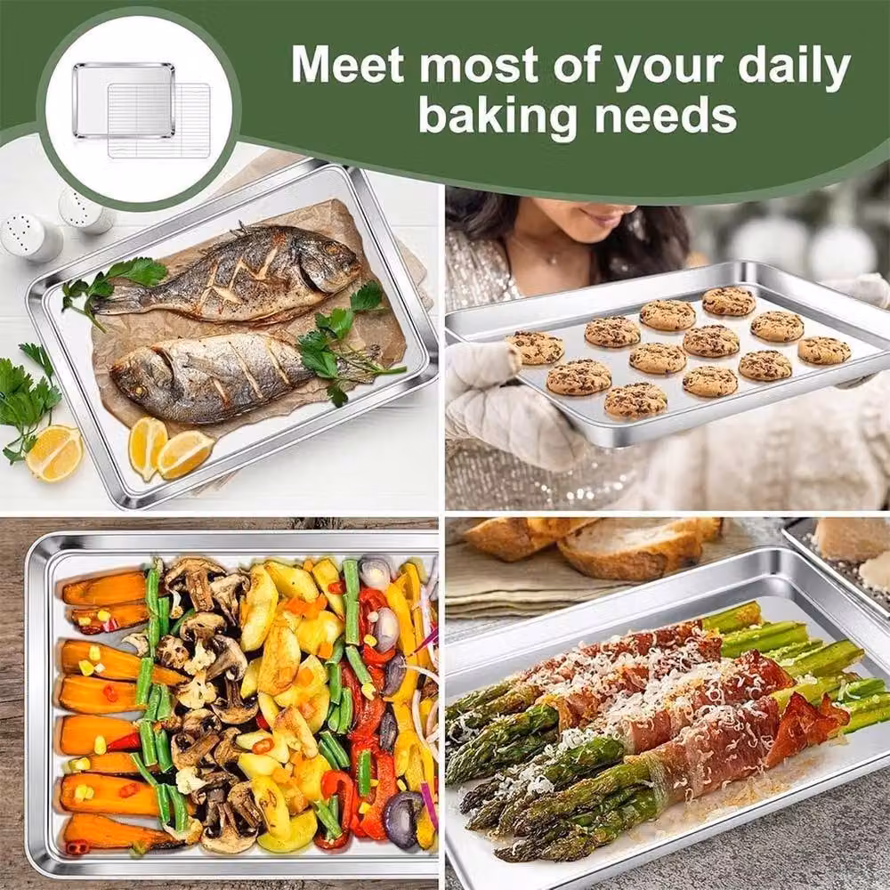 VOGREX Stainless Steel Rectangular Roasting and Baking Tray with BBQ Rack in Silver – 2