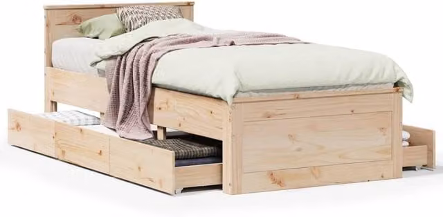 Berkfield Home Solid Wood Pine Bed Frame with Headboard in Beige, W/D/H: 90 x 200 cm