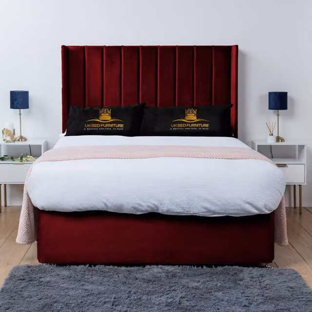 UK Bed Furniture Bella Wingback Divan Bed Base with 54 Inch Headboard, Red Velvet Fabric, W/D/H: 200 x 200 cm