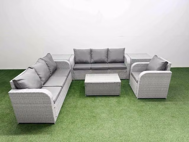Fimous 7 Seater Poly Rattan Garden Furniture Set in Light Grey with 3 Seater Sofas, Reclining Chairs, and 2 Side Tables