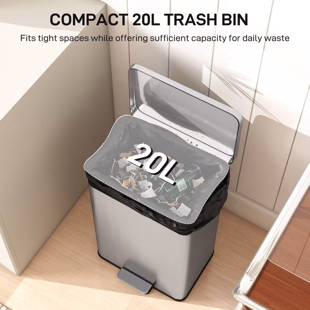 STILVORA 20L Stainless Steel Pedal Bin with Soft-Close Lid and Removable Inner Bucket in Silver – 4