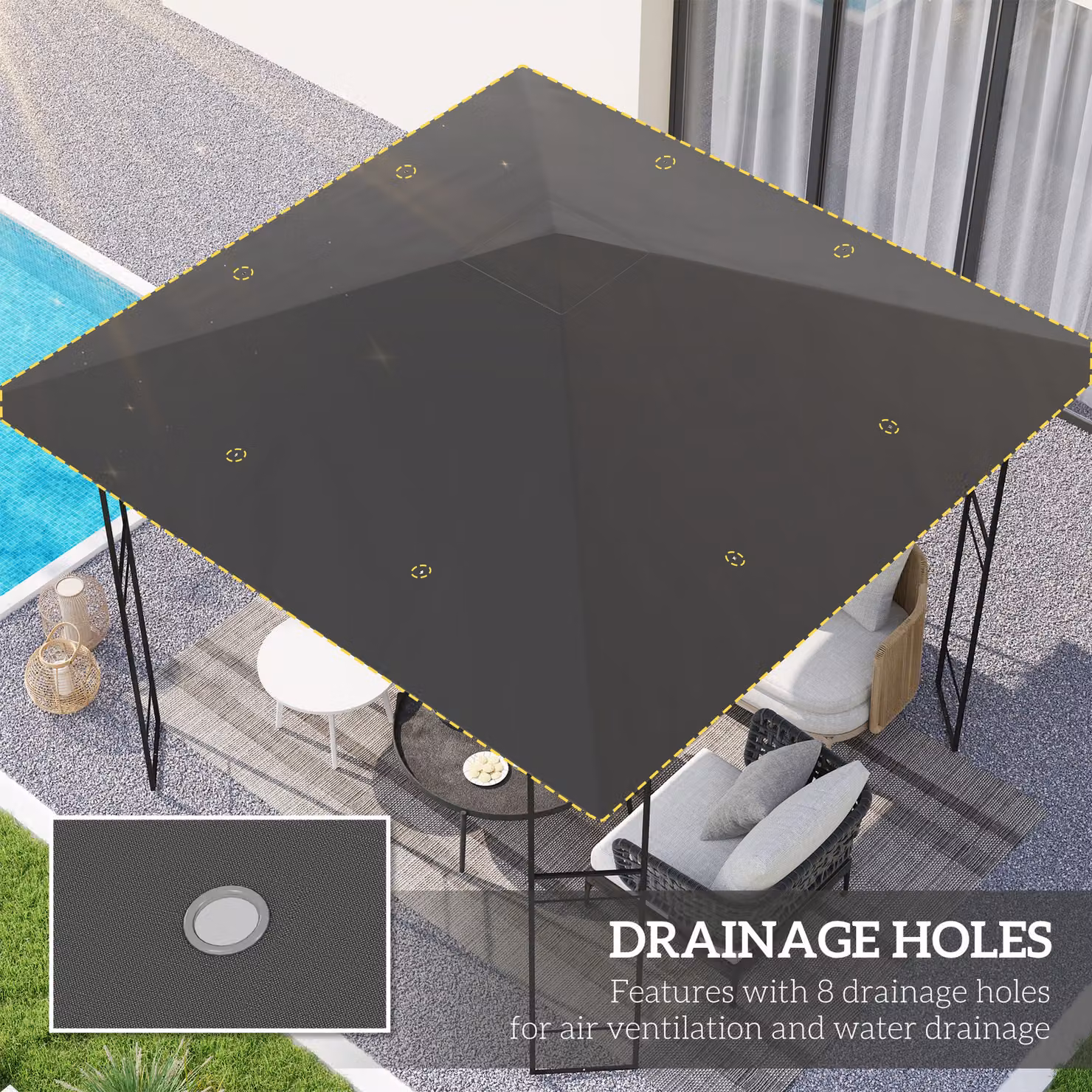 Outsunny Grey Gazebo Canopy Replacement Cover with Drain Holes, UPF 50+ Polyester Roof Cover – 3