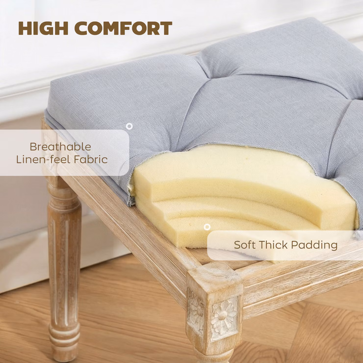 HOMCOM Vintage Tufted Square Foot Stool in Light Grey with Wood Legs – 3
