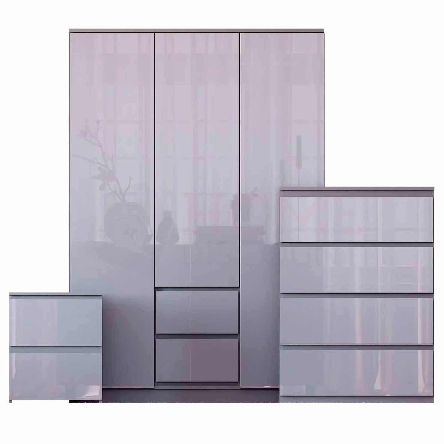 Vida Designs Glinton 3-Piece Grey Glossy Bedroom Set Including Wardrobe, 4-Drawer Chest and 2 Bedside Tables – 2