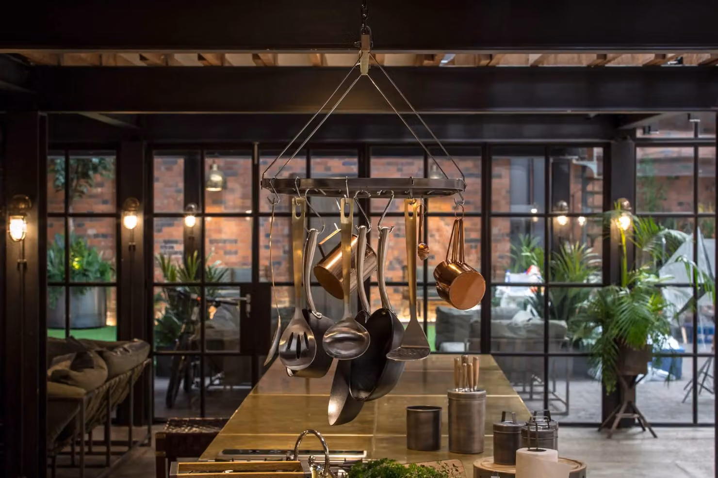 Industrial Kitchen Vintage-Style Ceiling Hanging Pot and Pan Rack with Mango Wood Shelf in Silver – 6