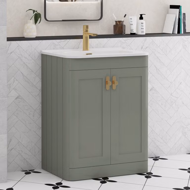Royal Bathrooms Henley 600mm Sage Green Floor Standing 2 Door Vanity Unit with Ceramic Basin and Brushed Brass Knob