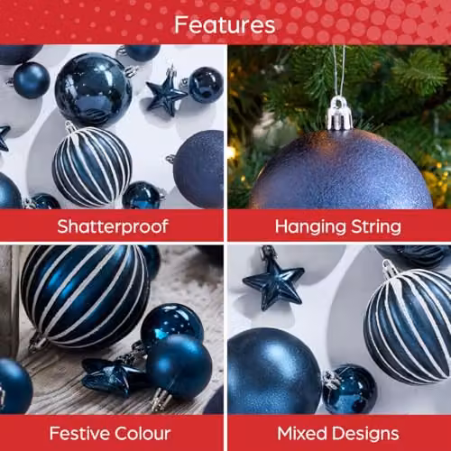 The Christmas Workshop Set of 50 Shatterproof Textured Plastic Christmas Tree Baubles in Blue – 3