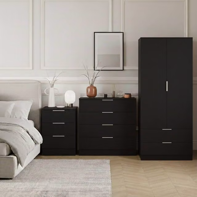 Vida Designs Trega 3-Piece Black Bedroom Set including 3-Drawer Bedside Cabinet, 4-Drawer Chest and Wardrobe