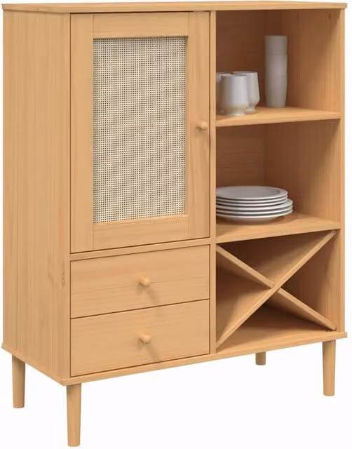 Berkfield Home Senja Highboard in Brown and Beige Rattan Look Solid Pine Wood, W/D/H: 90 x 40 x 112 cm – 1