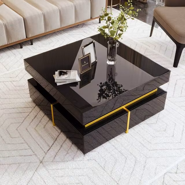 STILVORA Black and Gold High Gloss Coffee Table with 2 Drawers – 1