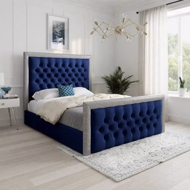 Casani Thorne Blue Velvet Upholstered Designer Bed Frame W: 90 cm, D: 200 cm
