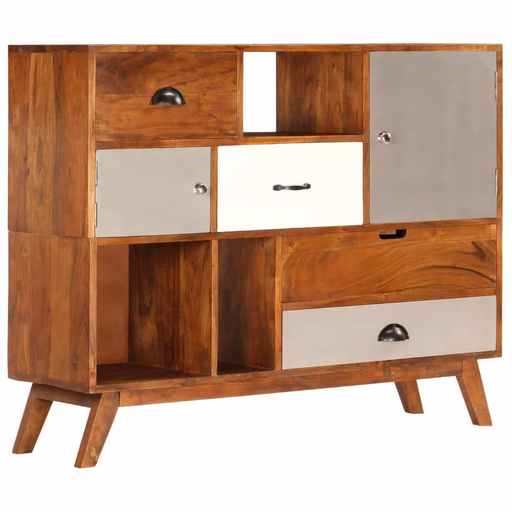 Berkfield Home Mid Century Lacquered Solid Acacia Wood Sideboard in Brown and Multicolour, W/D/H: 115 x 35 x 86 cm – 2