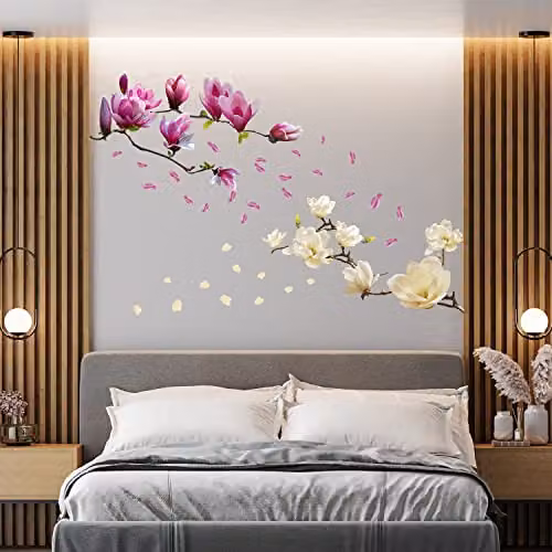 WALPLUS Pink and White Magnolia Flower Wall Sticker Mural, Removable Self-Adhesive Vinyl Decals, W: 42 cm, H: 107 cm, D: 0.02 cm – 1