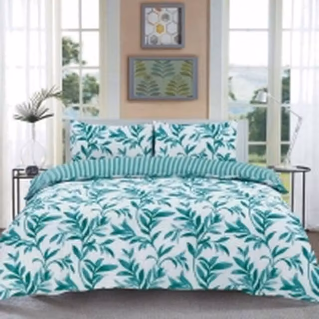 Homes-Linen Ellie Reversible Floral Duvet Cover Set in Petrol Teal Leaf Design, Single (90 x 200 cm)