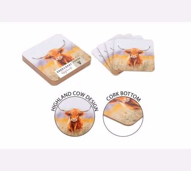 KDMD Highland Cow Coasters, 20 Pack, Brown and Multicolour