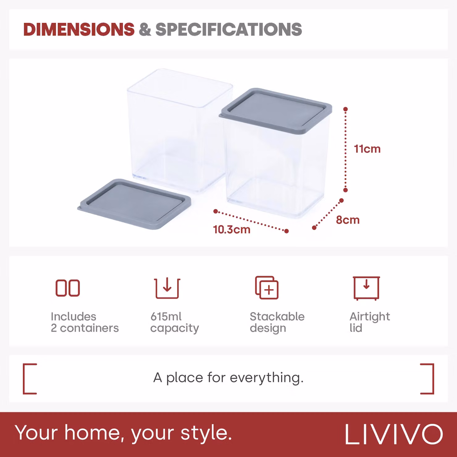 LIVIVO Set of 2 Airtight Food Storage Containers with Grey Lids, 615ml, Transparent – 3