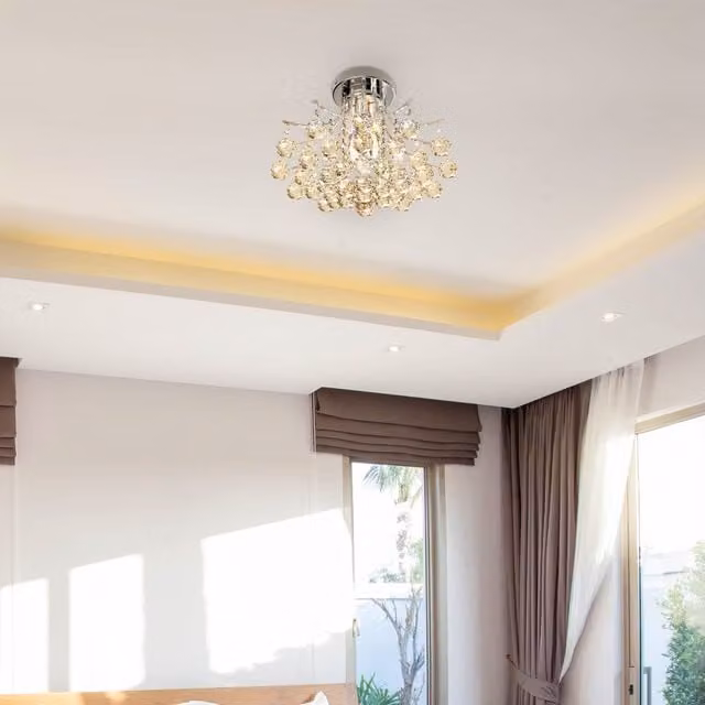 HOMCOM Elegant Crystal Ceiling Light, Round Chrome and Transparent Pendant Lamp