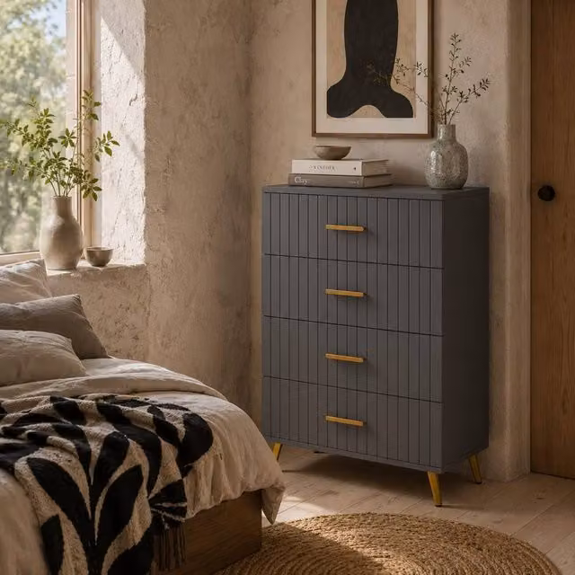 Wyld Haus Zine 4 Drawer Embossed Dresser in Dark Grey with Gold Tone Handles W/D/H: 120 x 40 x 90 cm – 1