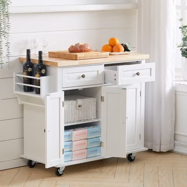 Livingandhome Modern 4-Door Wheeled Kitchen Trolley in White Matt MDF and Pine Wood