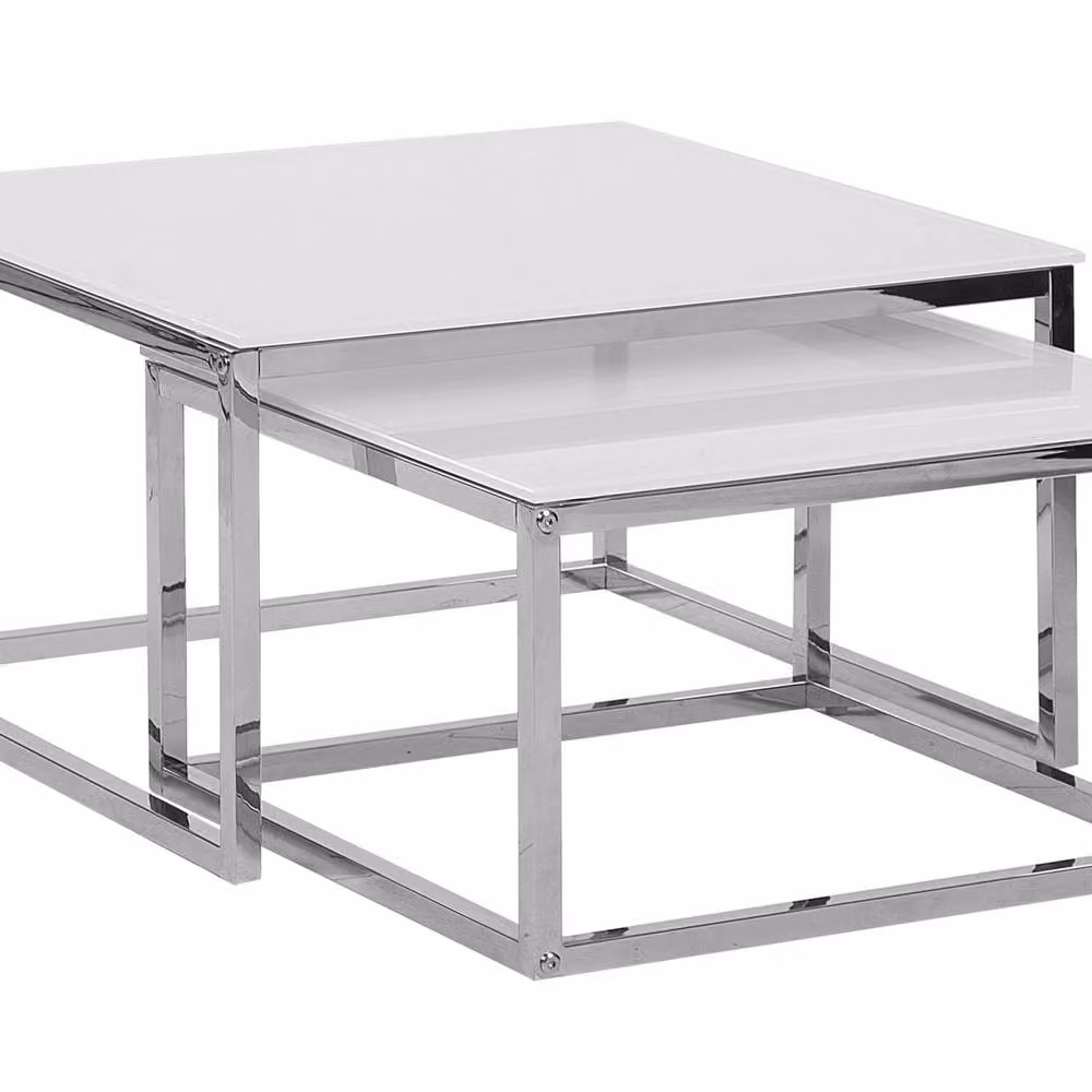 Wyld Haus Coco Nesting Coffee Tables with White Glossy Glass Tops and Silver Metal Frames – 2