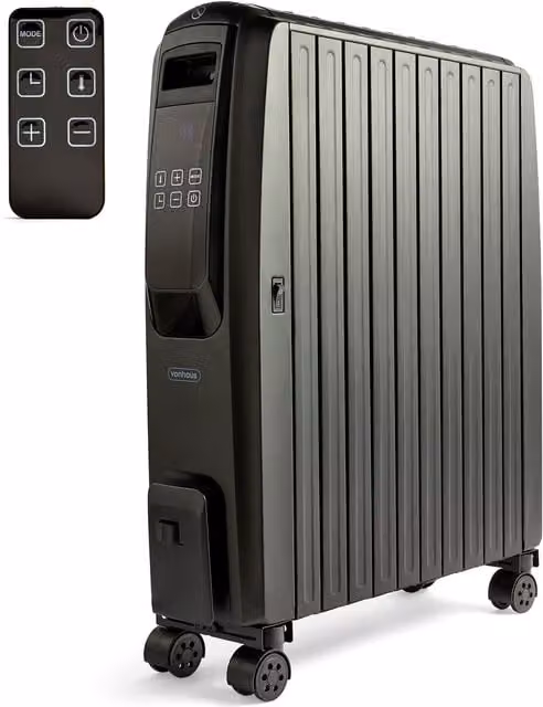 VonHaus Digital Freestanding Oil Filled Radiator in Black with Remote Control and Timer