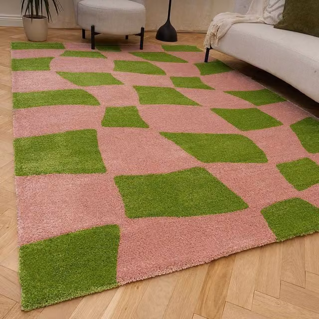 THE RUGS Joli Chequered Soft and Dense Pile Living Room and Bedroom Rug in Green and Multicolour, W: 160 cm, L: 230 cm