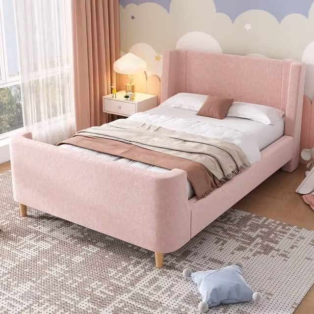 Matteo Pink Velvet Sleigh Single Bed Frame with Abstract Pattern