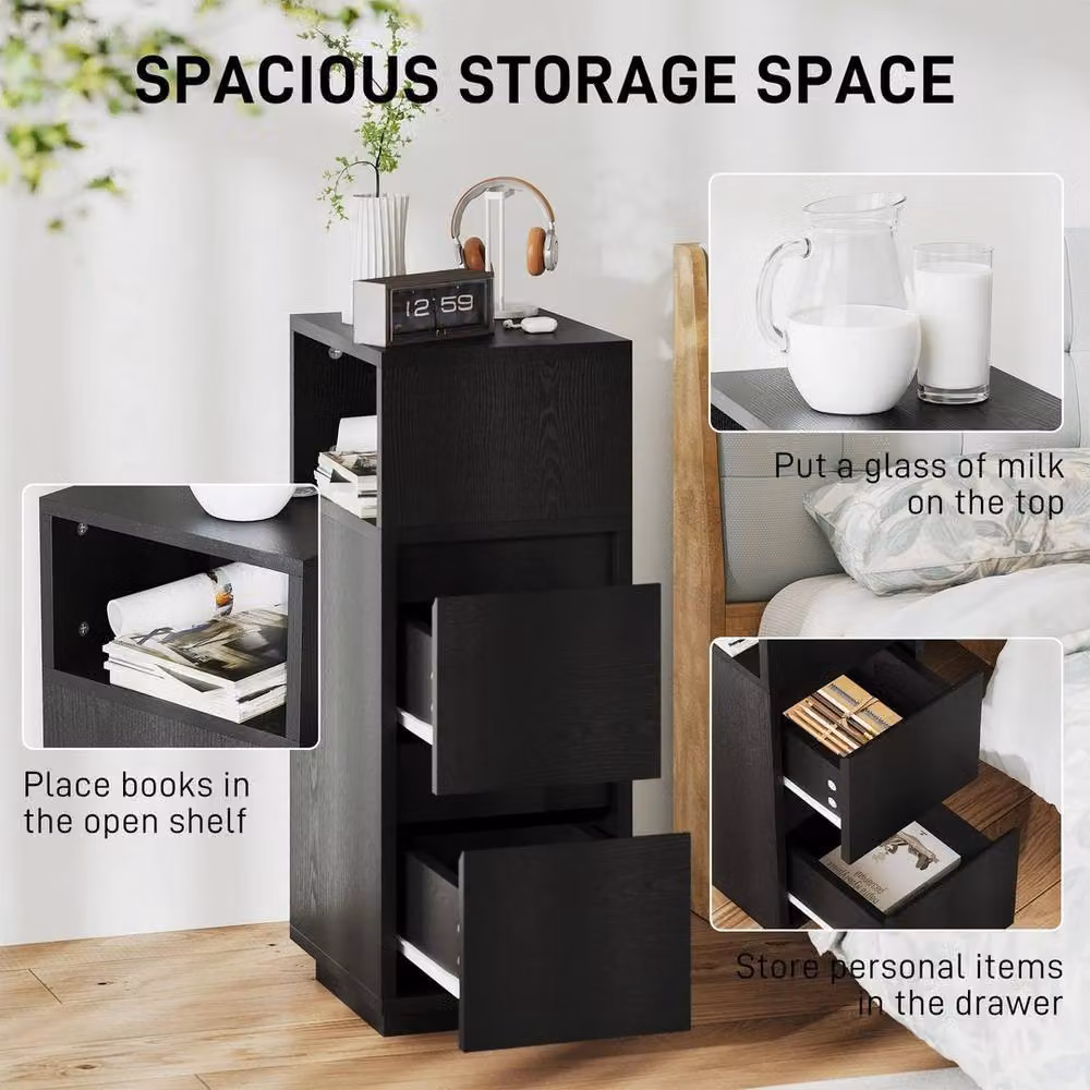 EONLION Slim Black Bedside Table with Open Shelf and 2 Drawers – 4