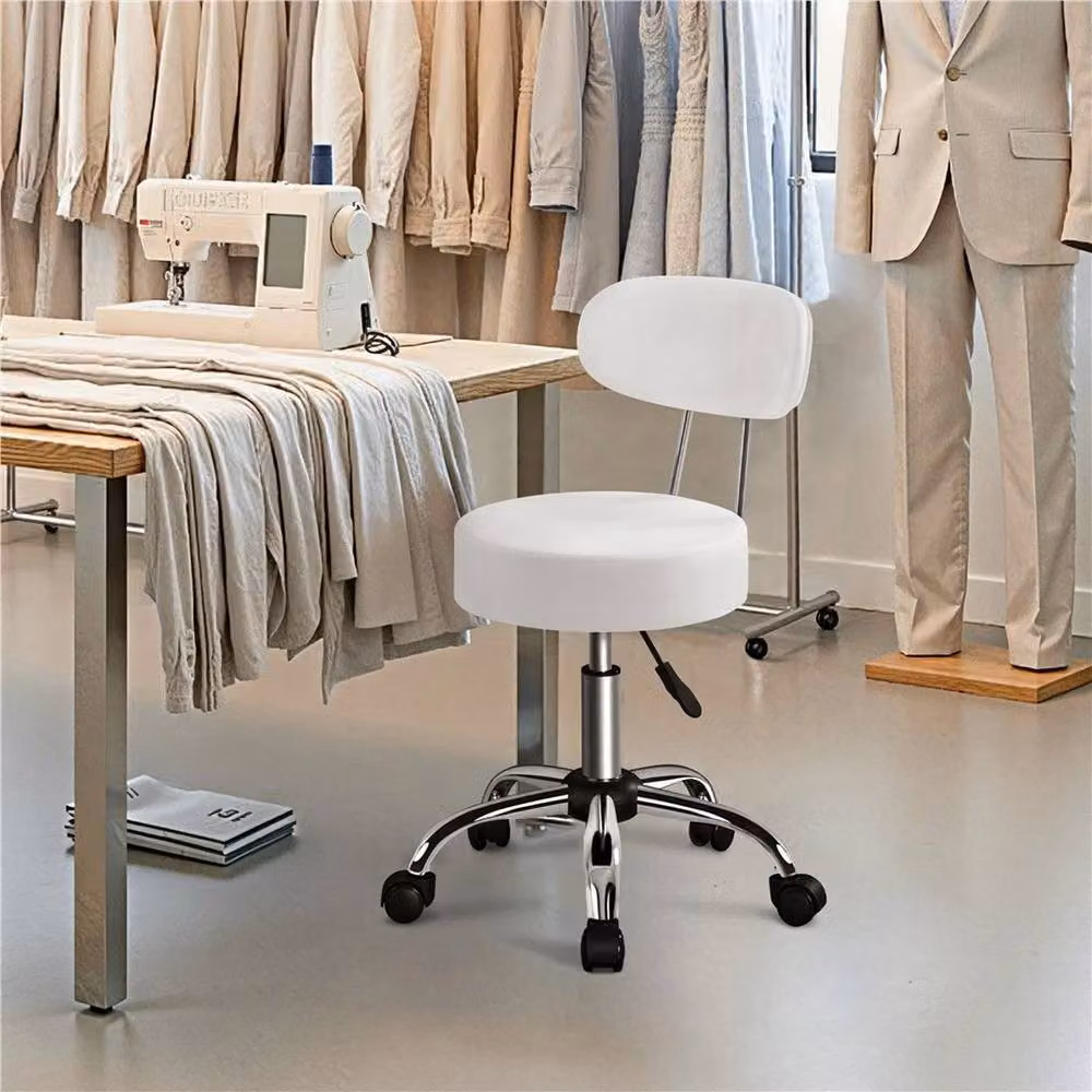 Kelvenix White Rolling Salon Stool with Backrest and Faux Leather Upholstery – 3