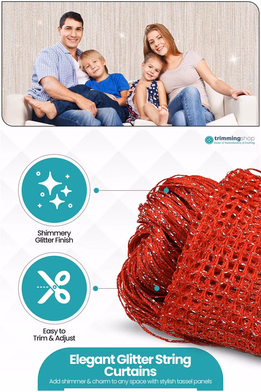 Neel Blue Glitter Polyester String Curtain with Red Spaghetti Tassel Fringe, W: 90 cm, H: 200 cm – 2