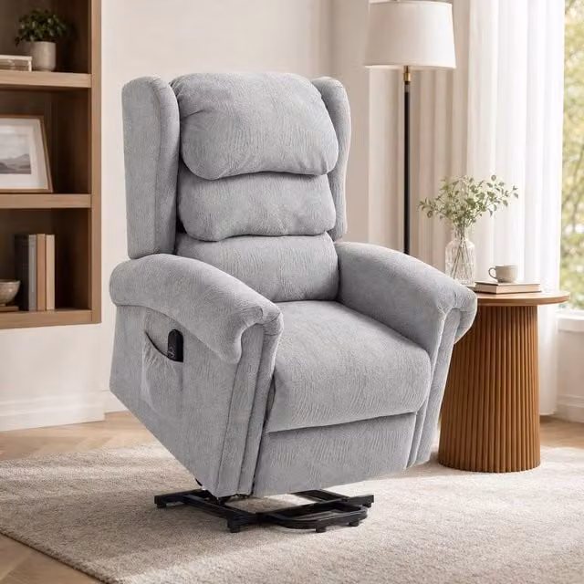 STILVORA Grey Velvet Fabric Riser Recliner Chair with USB, Side Pockets and Powered Lift Assist